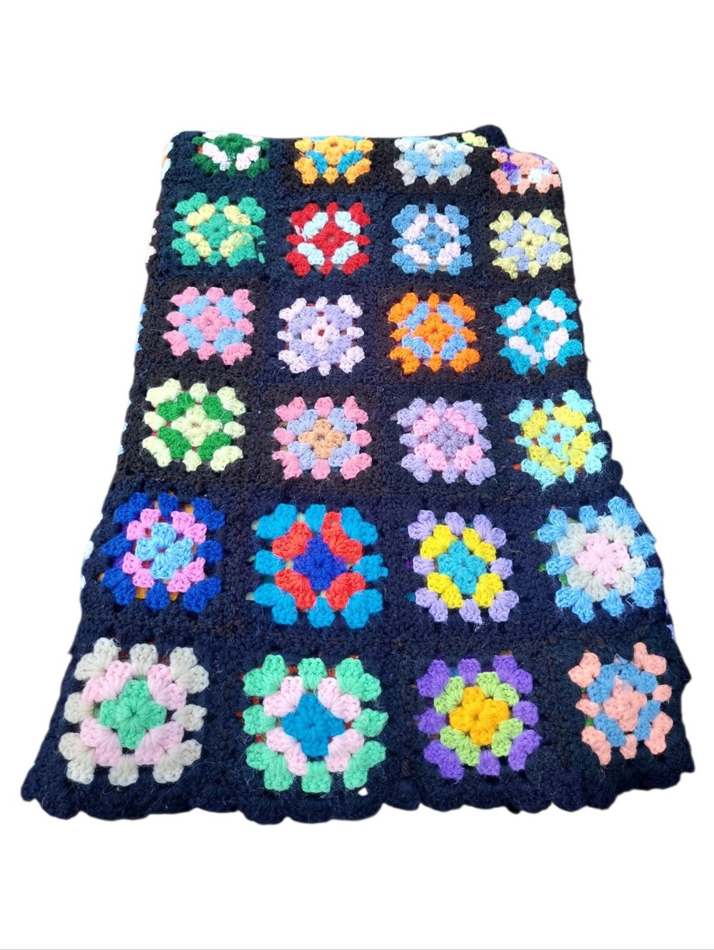 Vintage 70's Granny Square Handmade Crocheted Multicolored Throw Blanket 80x52
